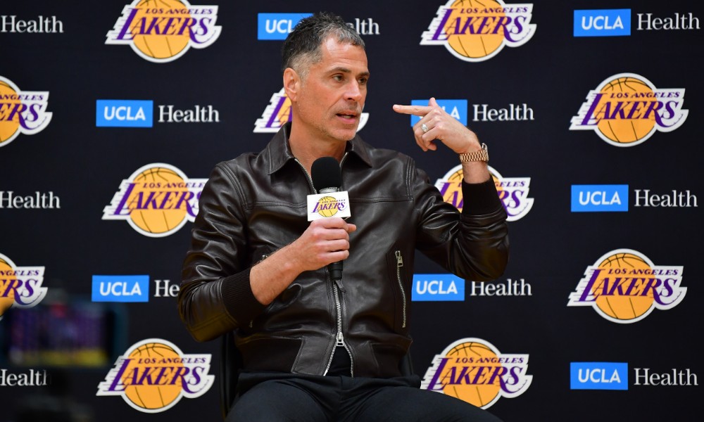 Rob Pelinka speaks to reporters