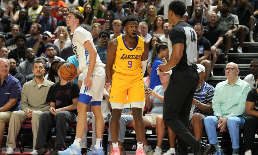 Bronny James reacts to a call in Summer League game