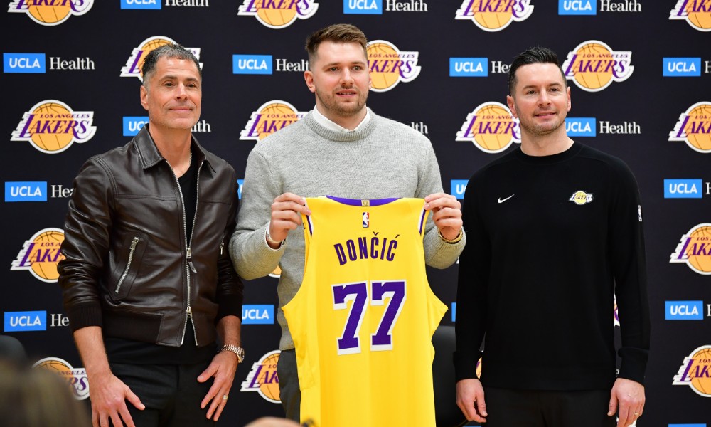 Rob Pelinka with Luka Doncic and JJ Redick