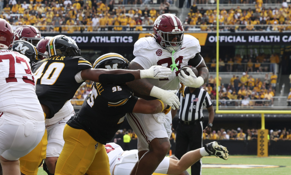 Alabama OL Kadyn Proctor is stopped short of the endzone as the ball carrier against Missouri.