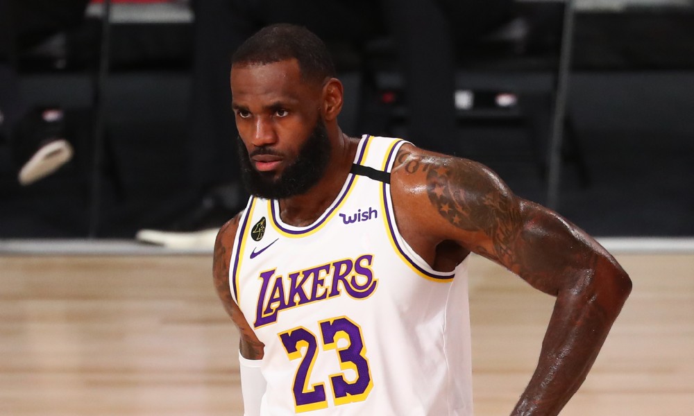 LeBron James looks on during game