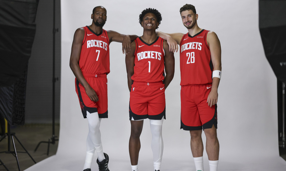 Kevin Durant, Amen Thompson and Alperen Sengun pose for day photos during the Rockets' 2025 Media Day.