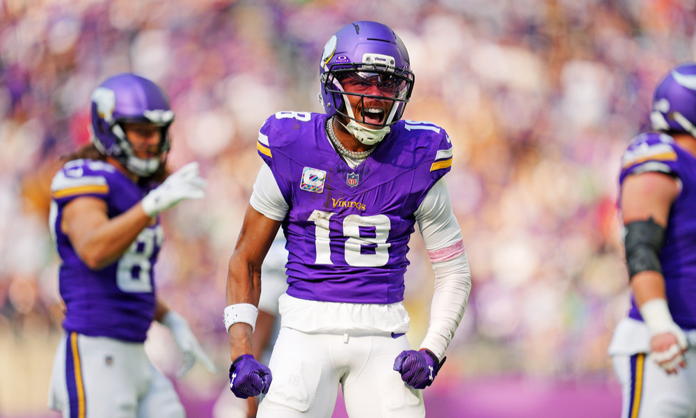 Minnesota Vikings wide receiver Justin Jefferson celebrates after making a catch.