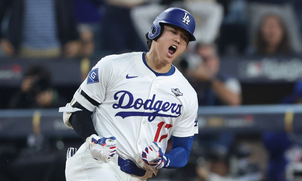 Shohei Ohtani celebrates after hitting a solo home run in Game 3 of the 2025 World Series.