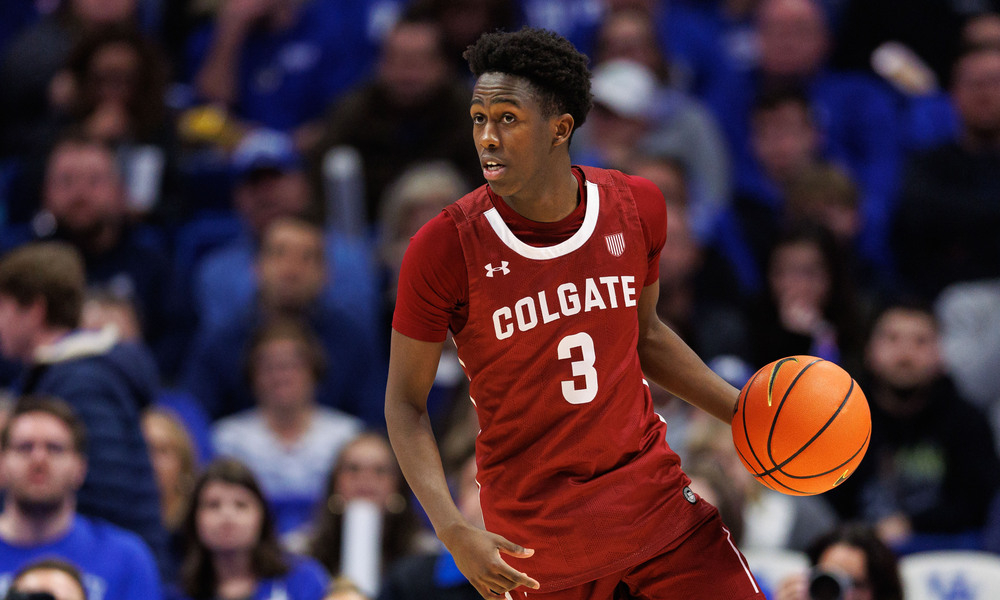 Closeup shot of Colgate University guard Jalen Cox.