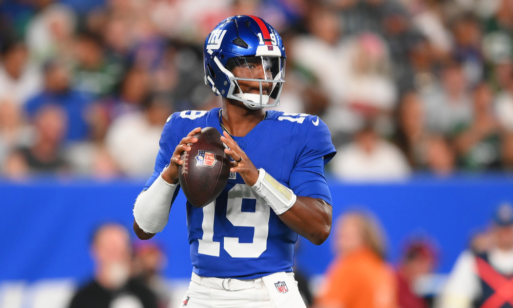 Closeup shot of New York Giants quarterback Jameis Winston.