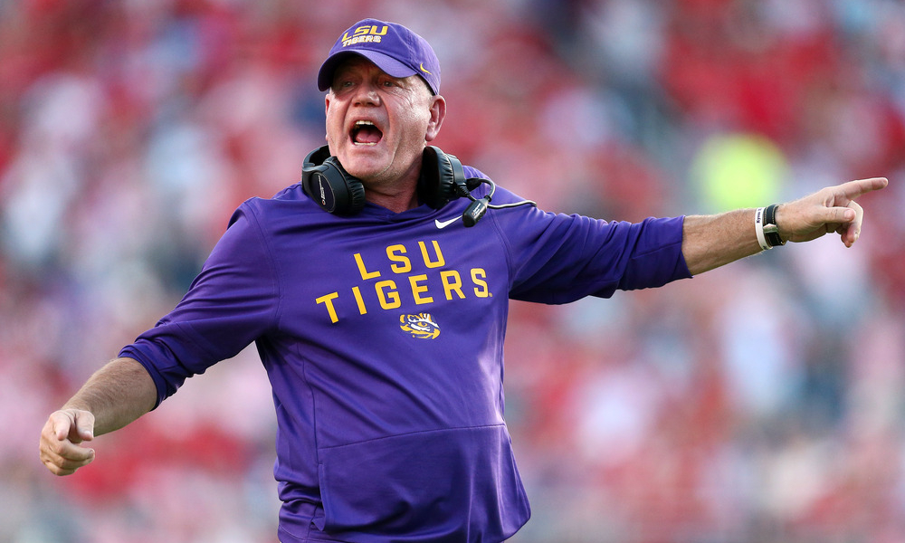 Closeup shot of former LSU football coach Brian Kelly.