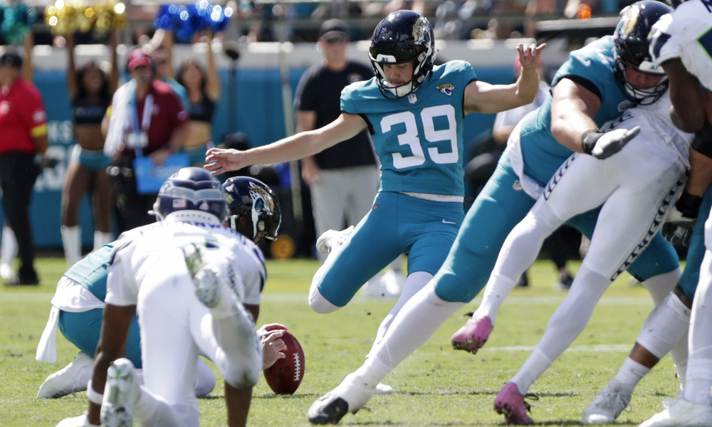 Closeup shot of Jacksonville Jaguars kicker Cam Little.