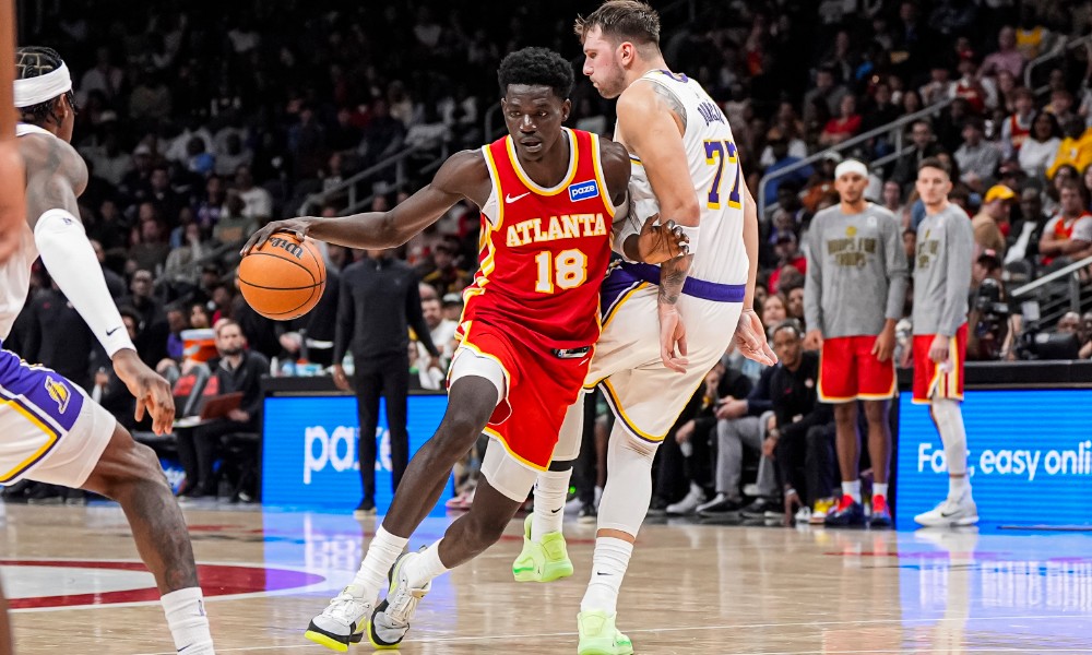 Luka Doncic guards during Lakers Hawks game