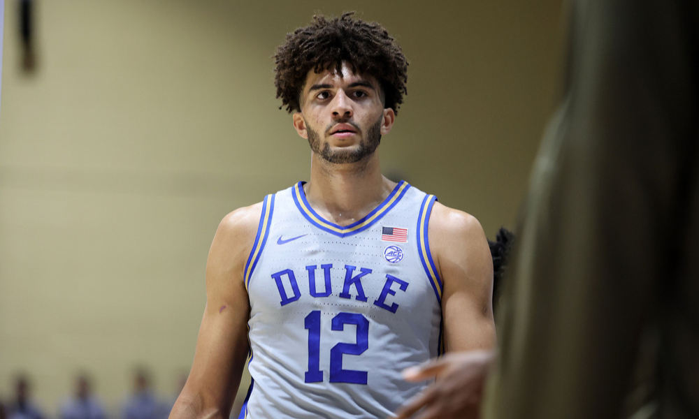 Closeup shot of Duke Blue Devils freshman Cameron Boozer.