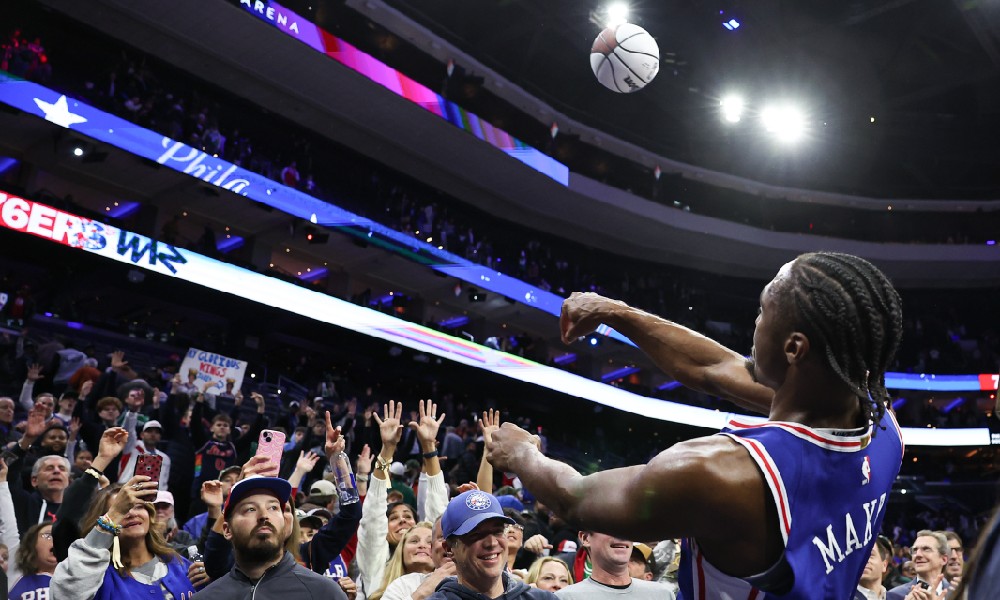 Tyrese Maxey celebrates win vs. Celtics