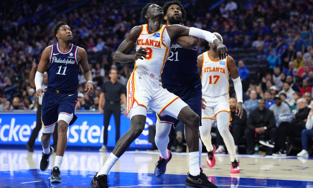76ers vs Hawks Joel Embiid battles for a rebound