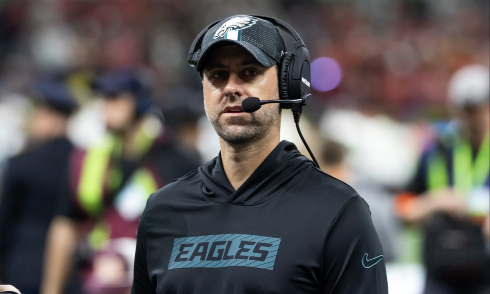 Closeup shot of Philadelphia Eagles offensive coordinator Kevin Patullo.
