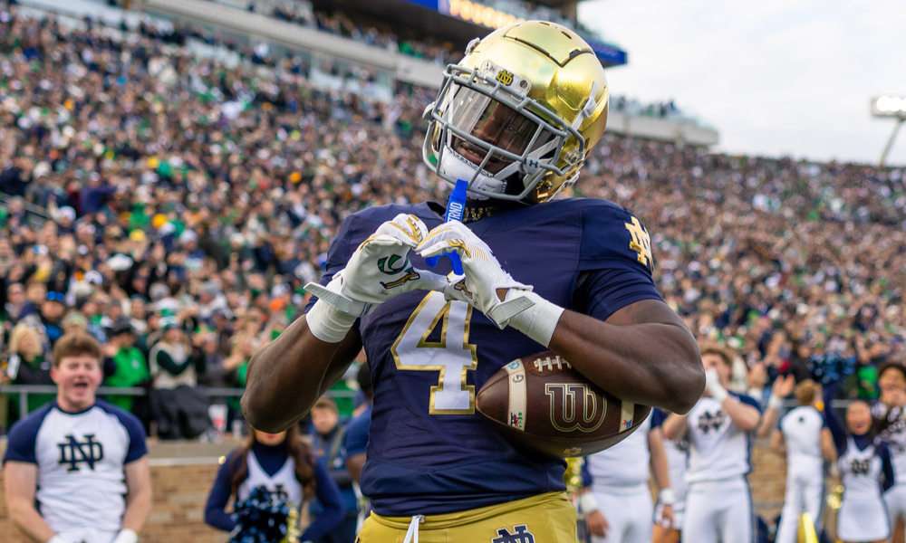 Closeup shot of Notre Dame runningback Jeremiyah Love.