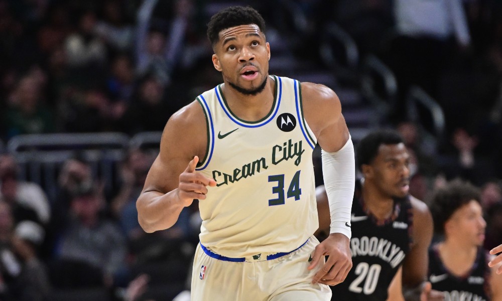 Giannis Antetokounmpo looks on during game