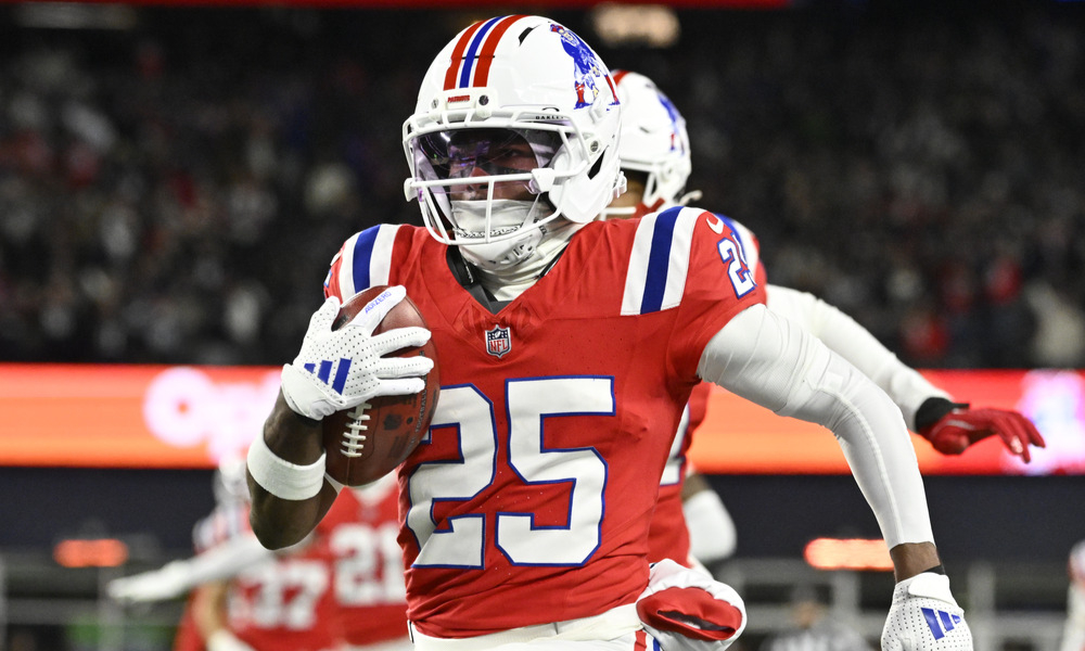 New England Patriots cornerback Marcus Jones enters the end zone after a 94-yard punt return against the New York Giants.