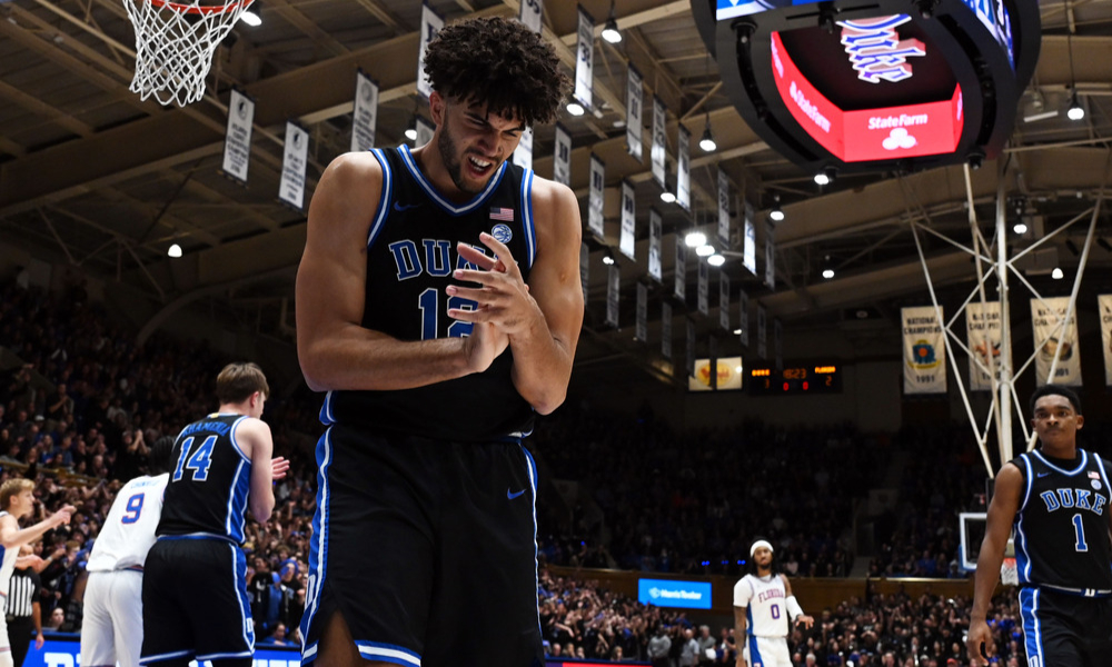 Duke Blue Devils freshman Cameron Boozer celebrates after making a basket.