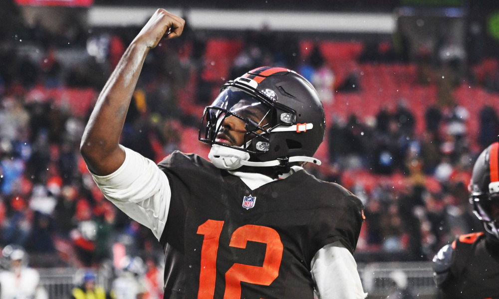 Closeup shot of Cleveland Browns quarterback Shedeur Sanders.