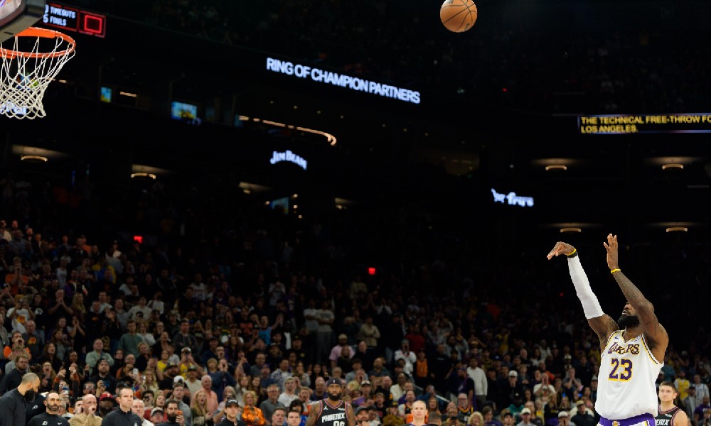 LeBron James shoots free throw
