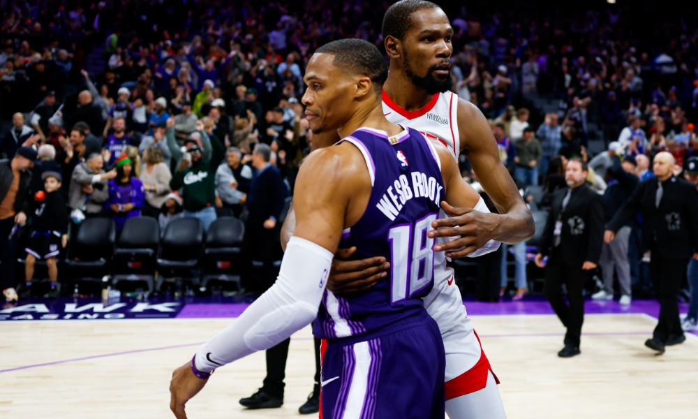 Russell Westbrook and Kevin Durant during Kings vs. Rockets