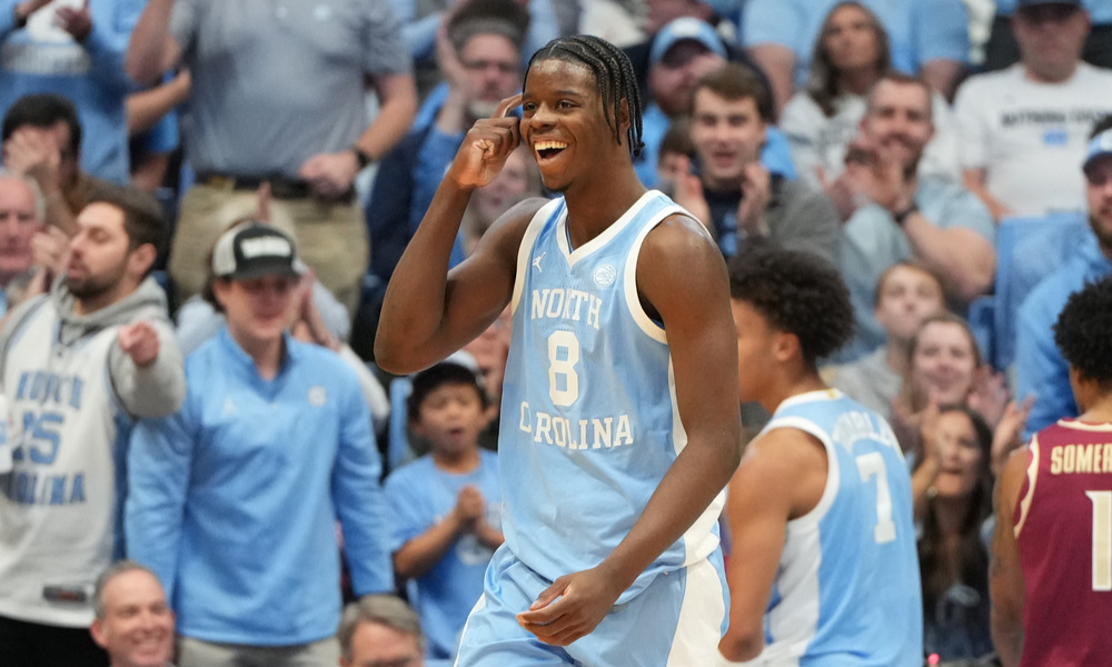 Closeup shot of UNC Tar Heels freshman Caleb Wilson.