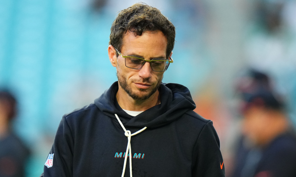 Closeup shot of former Miami Dolphins head coach Mike McDaniel.