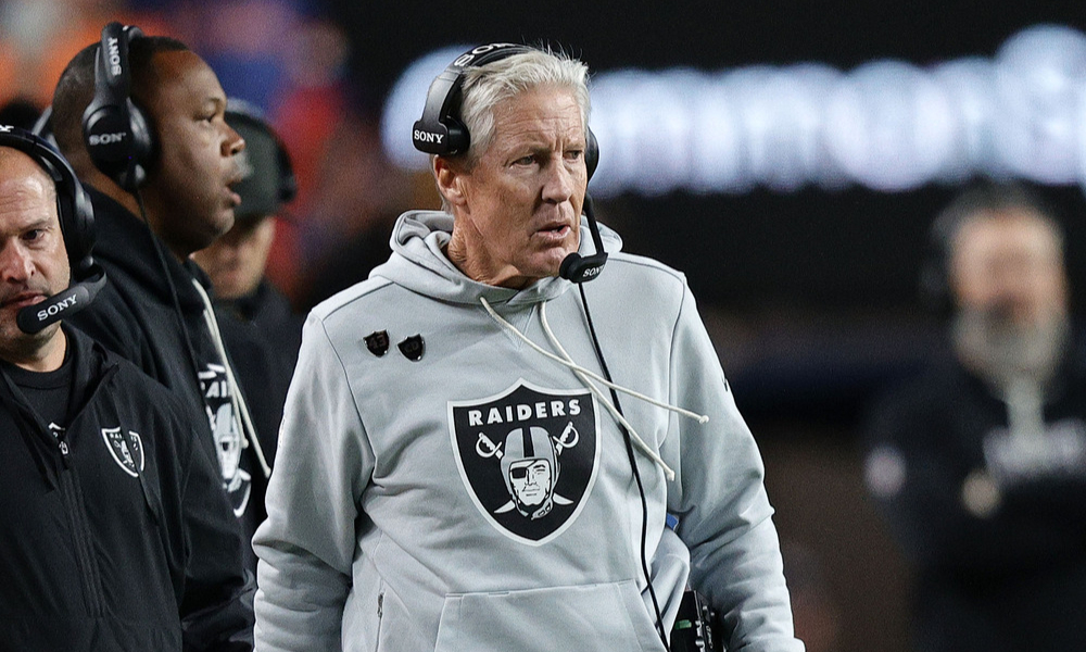 Closeup shot of former Las Vegas Raiders head coach Pete Carroll.