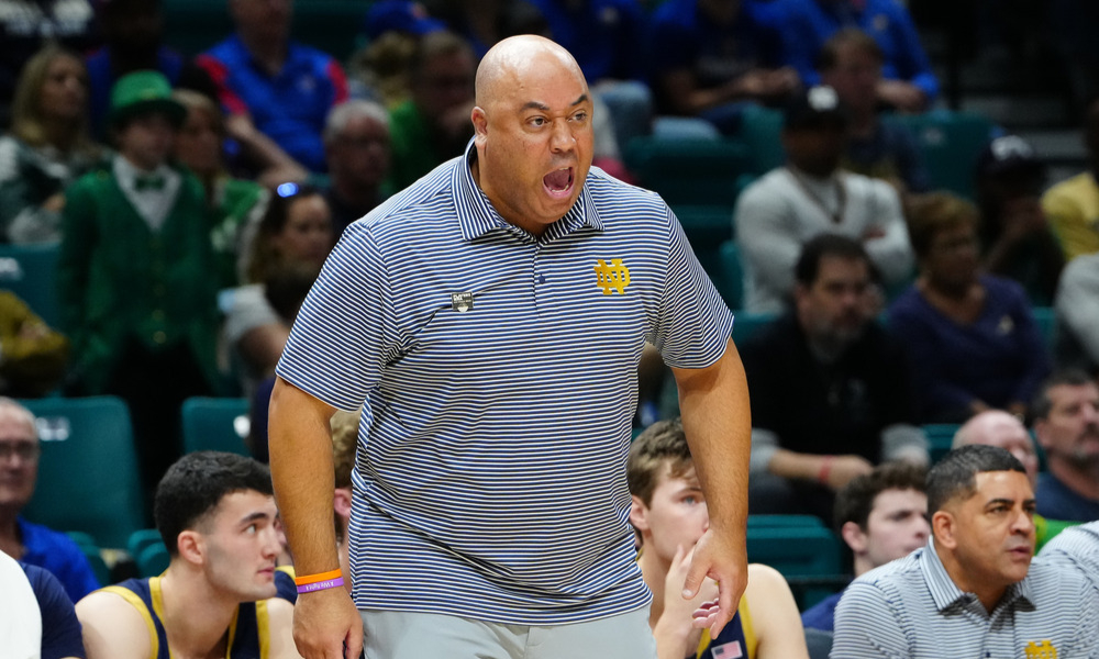 Closeup shot of Notre Dame men's basketball coach Micah Shrewsberry.