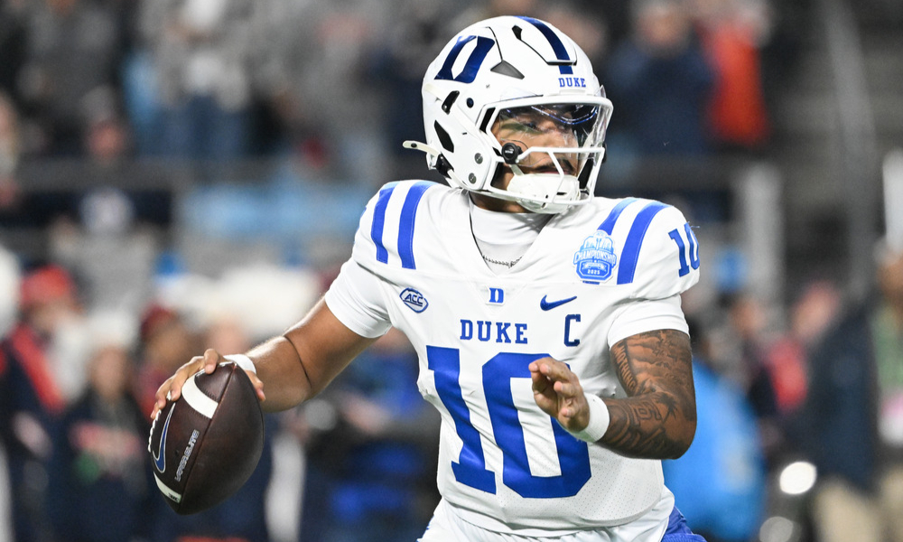 Closeup shot of Duke Blue Devils quarterback Darian Mensah.