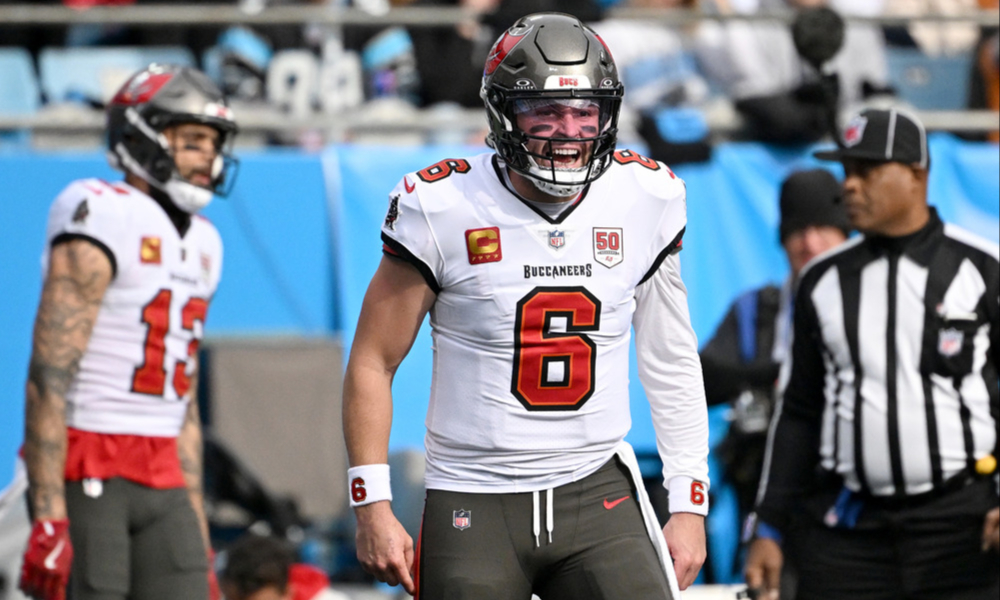 Closeup shot of Tampa Bay Buccaneers quarterback Baker Mayfield.