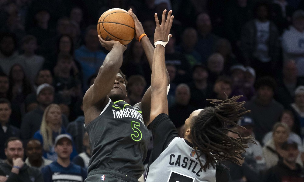 Anthony Edwards shooting during Timberwolves and Spurs game
