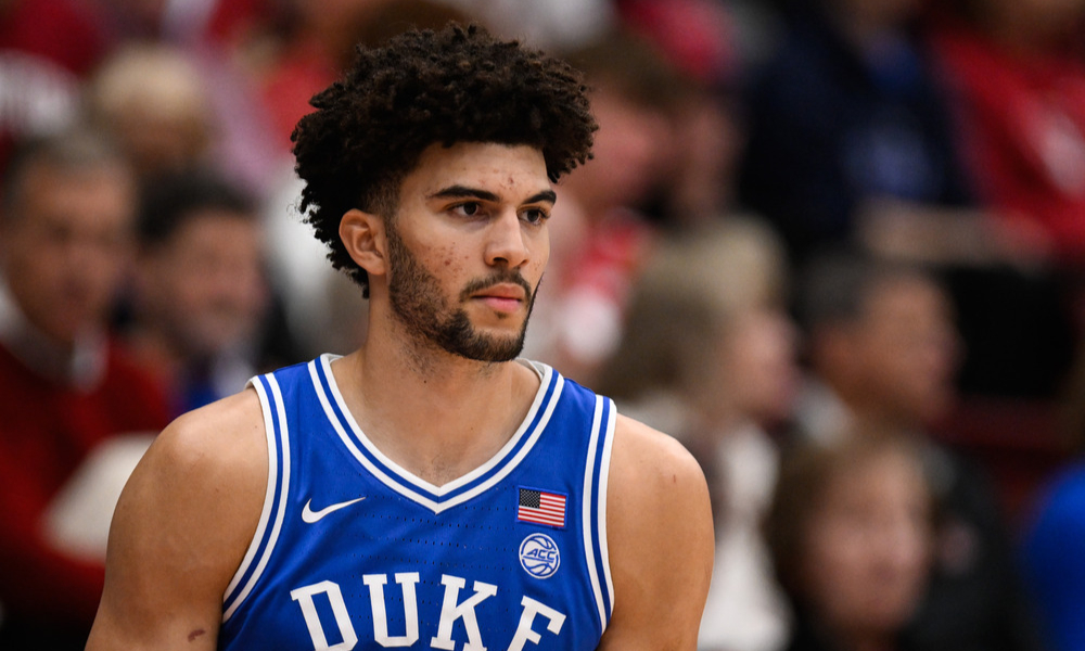Closeup shot of Duke Blue Devils freshman Cameron Boozer.