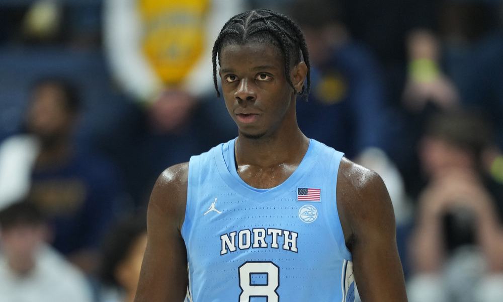 Closeup shot of UNC Tar Heels freshman Caleb Wilson.