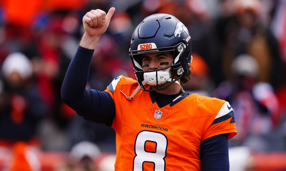 Closeup shot of Denver Broncos quarterback Jarrett Stidham.