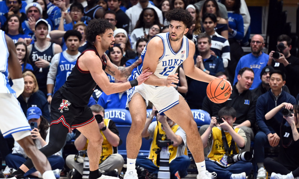 Duke freshman Cameron Boozer posts up against his defender.