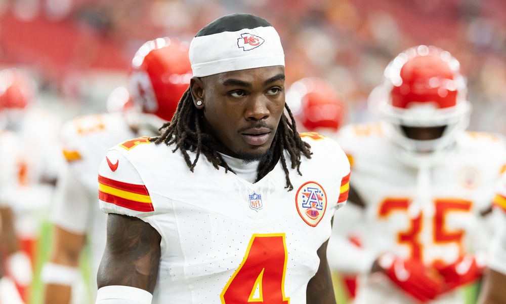 Closeup shot of Kansas City Chiefs wide receiver Rashee Rice.
