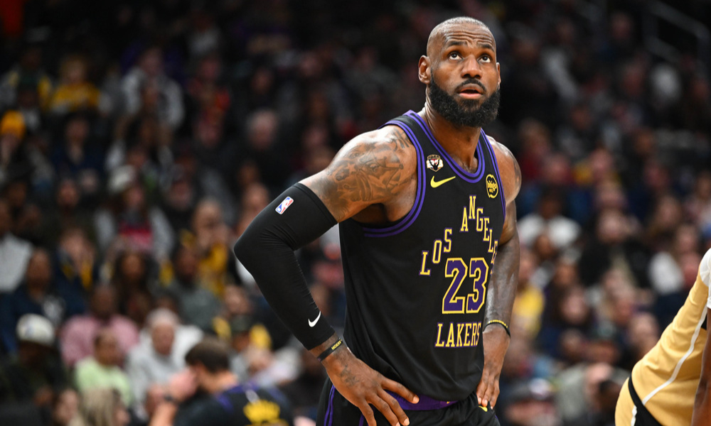 Closeup shot of Los Angeles Lakers star LeBron James.