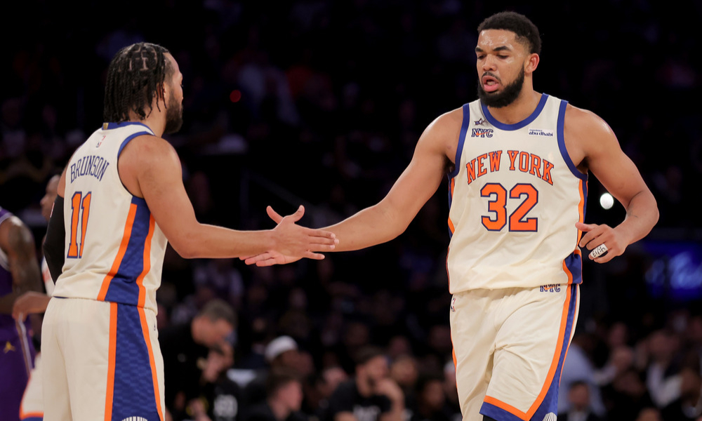 Closeup shot of NY Knicks guard Jalen Brunson and center Karl-Anthony Towns.