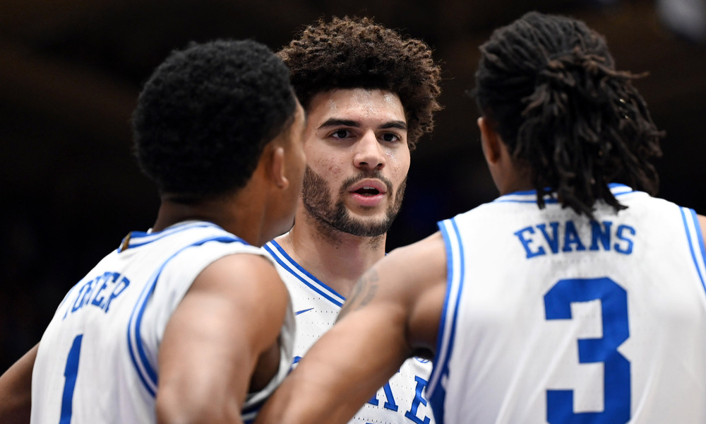 Closeup shot of the duke Blue Devils men's basketball team.