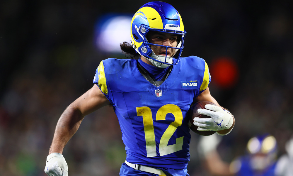 Closeup shot of L.A. Rams wide receiver Puka Nacua.