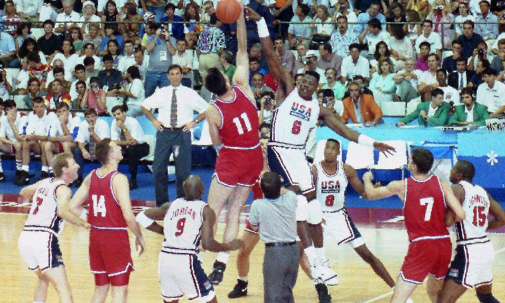 Bird, Magic, Jordan during tip off of Dream Team