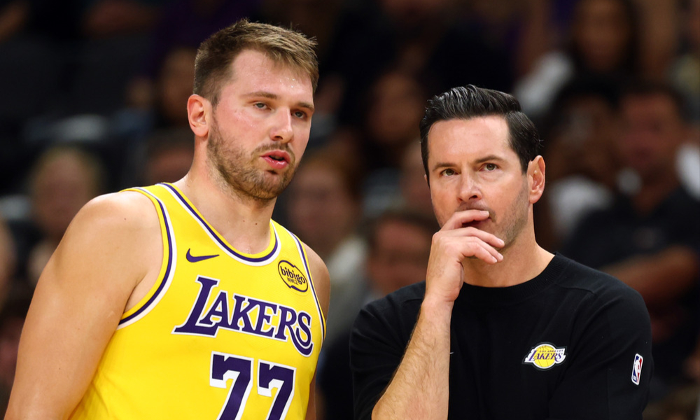 Closeup shot of L.A. Lakers guard Luka Doncic and head coach JJ Redick.