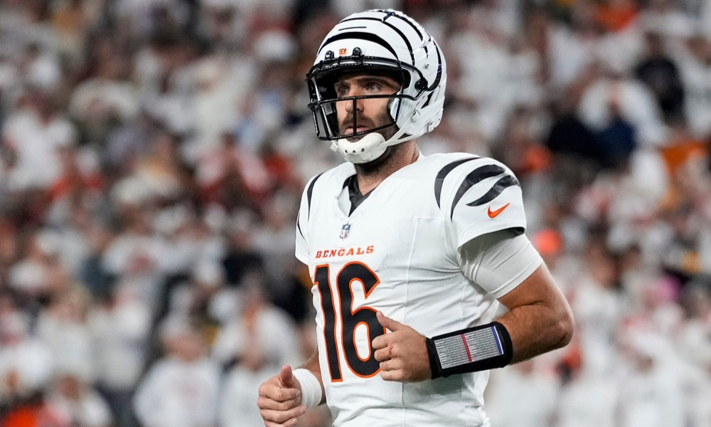Closeup shot of Cincinnati Bengals quarterback Joe Flacco.