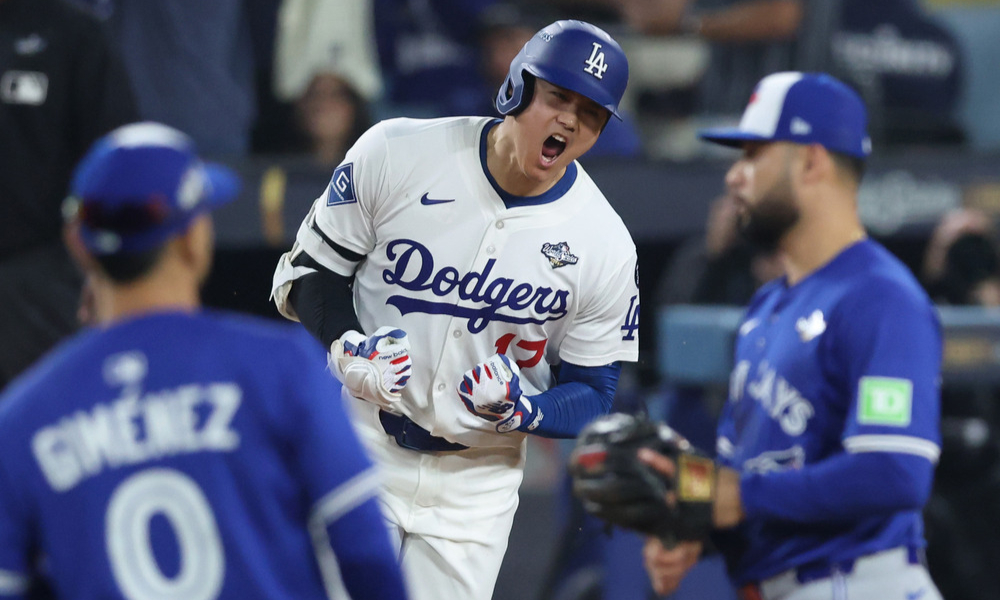 Closeup shot of L.A. Dodgers pitcher Shohei Ohtani.