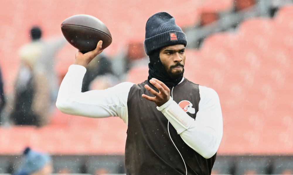 Closeup shot of Cleveland Browns quarterback Shedeur Sanders.