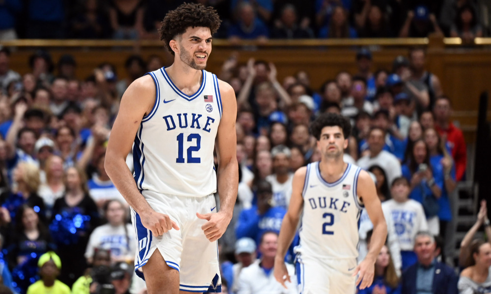 Closeup shot of Duke Blue Devils forward Cameron Boozer and guard Cayden Boozer.