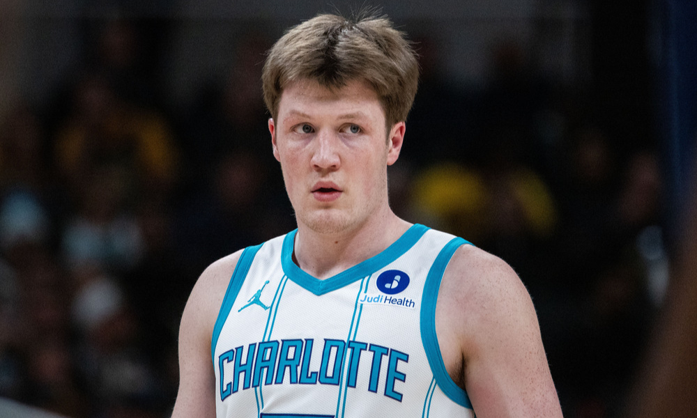 Closeup shot of Charlotte Hornets guard Kon Knueppel.