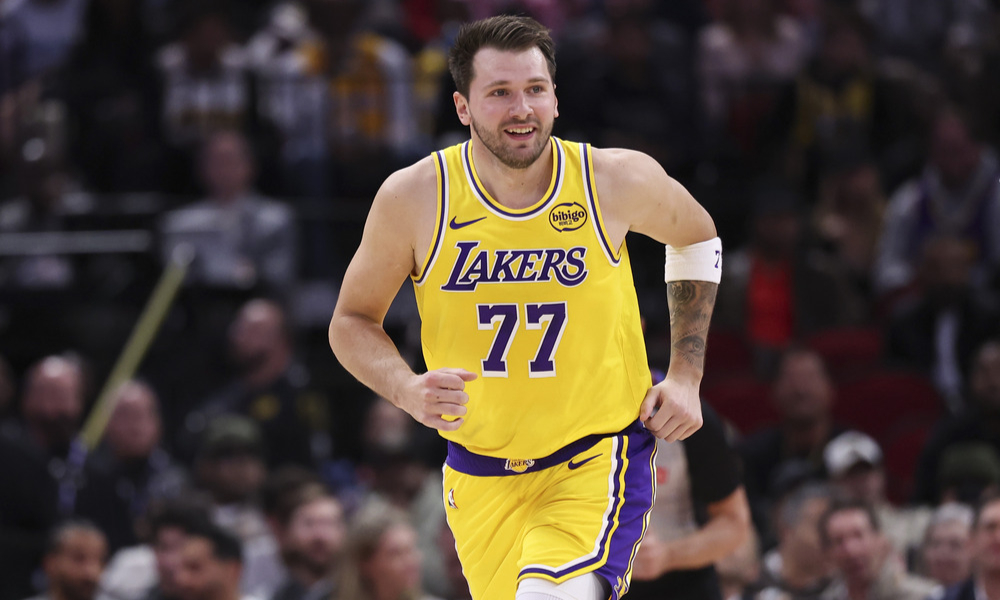 Closeup shot of Los Angeles Lakers guard Luka Doncic.