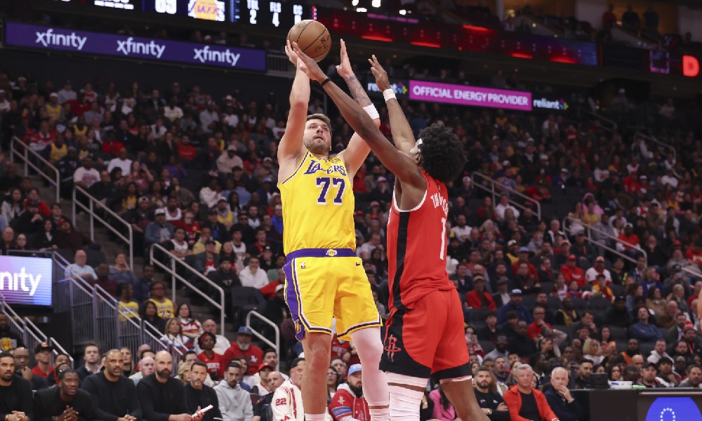 Luka Doncic takes shot over Rockets
