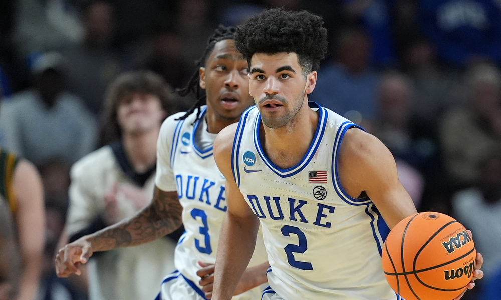 Closeup shot of Duke Blue Devils guard Cayden Boozer.